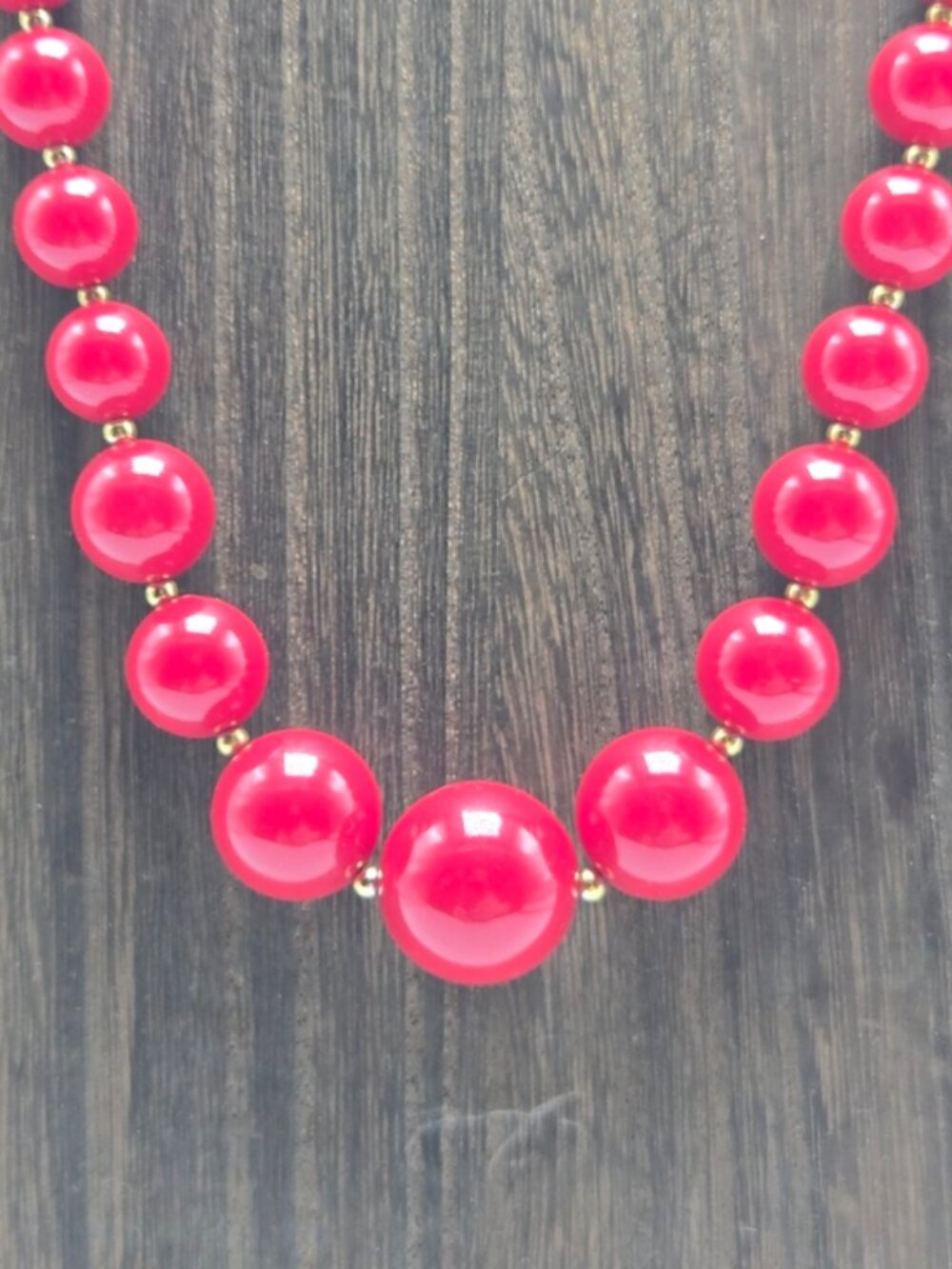 80's Marvella Graduated Red Beaded Necklace Gold Tone Spacers PAT 537985 Vintage